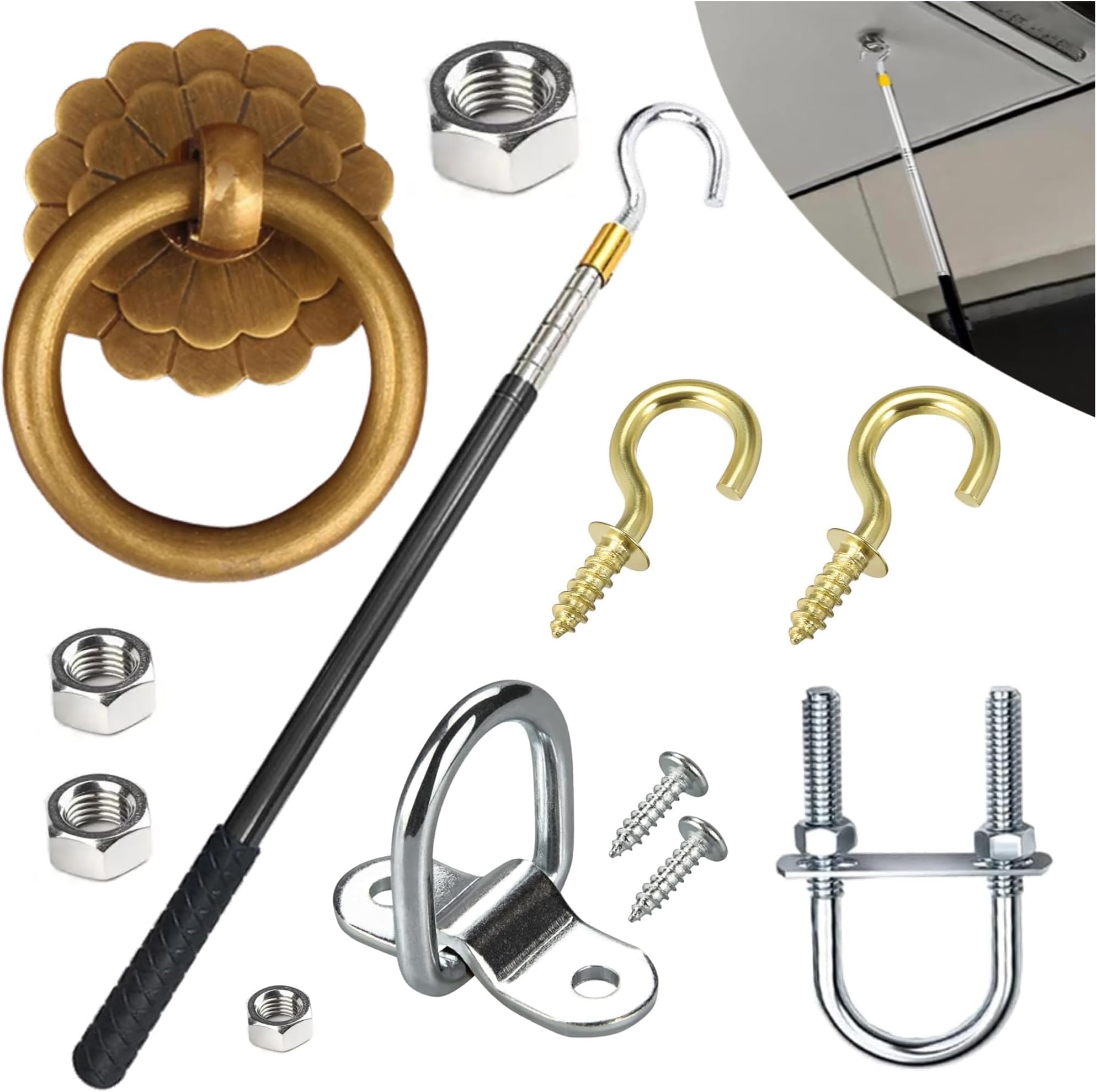 RQG Attic Pull Down Hook Kit - 60 Inch Steel Pole & Hook for Scissor Ladders (Four Modes), Cordless Attic Door Release System with Solid Antique Brass Handle,Used for Pulling Down Attic Ladders