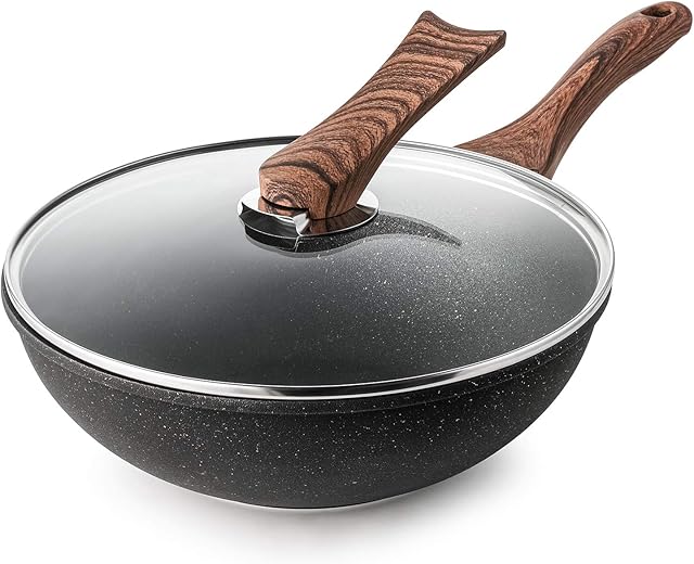 Haufson 30cm Die cast Wok with Standable Lid | Works with All Major Hobs | Natural PFOA Free Non-Stick Stirfry Pan | Professional Kitchenware for Your Home (Black (Brown Handle), 30cm)