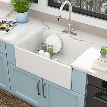 28 Inch White Farmhouse Sink Reversible Apron Front, High-Gloss Fireclay Porcelain Ceramic Farm Kitchen Sink, Single Bowl Country Style Farmer Style Basin, 28"x20"x10"