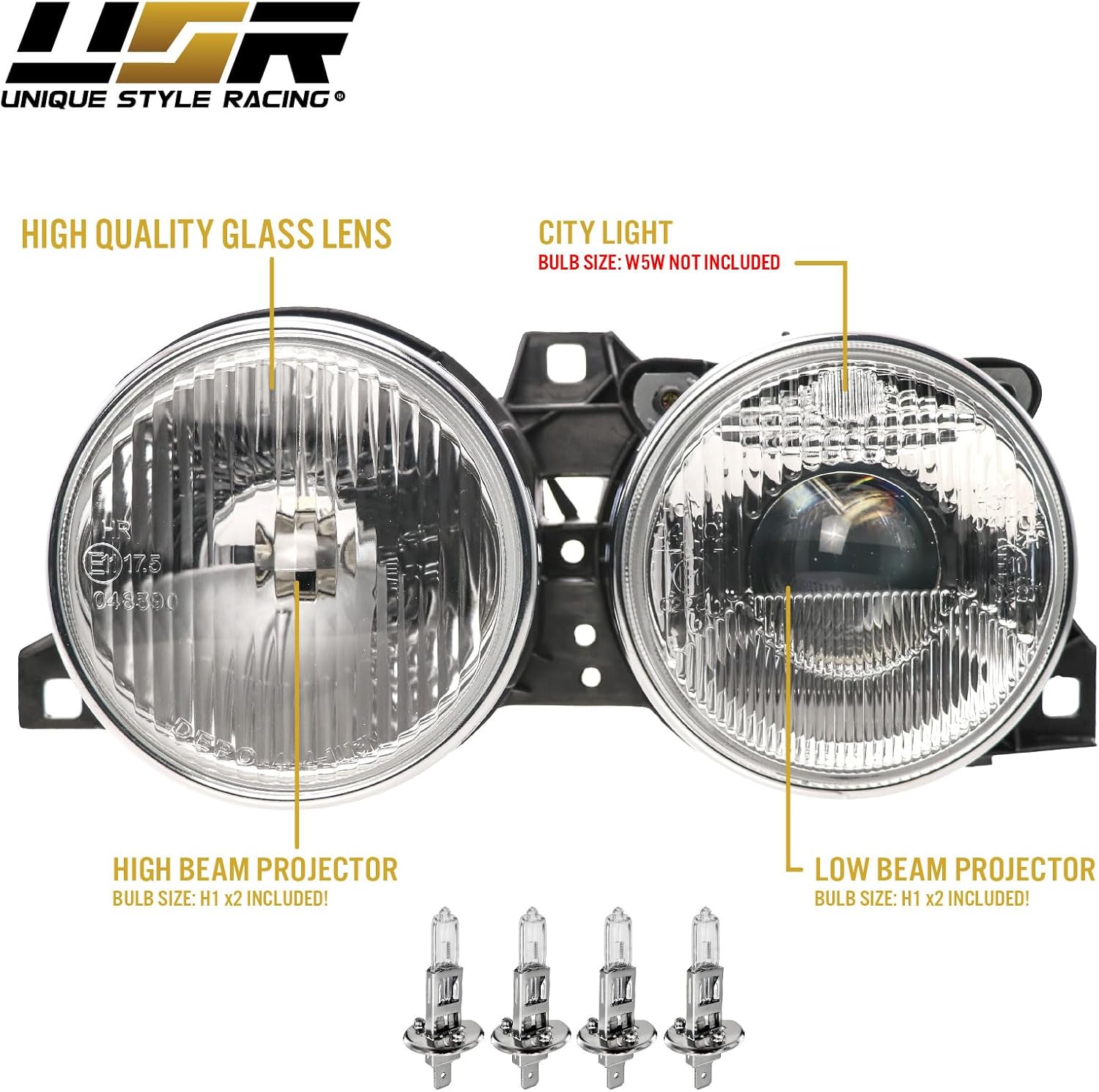 USR DEPO 84-91 E30 3 Series Euro Smiley Projector Glass Lens Headlight Assembly (Left + Right) Compatible with 1984-1991 BMW E30 3-Series 2D Coupe,4D Sedan&Convertible (Bulbs+Wiring Inc, Plug n Play)