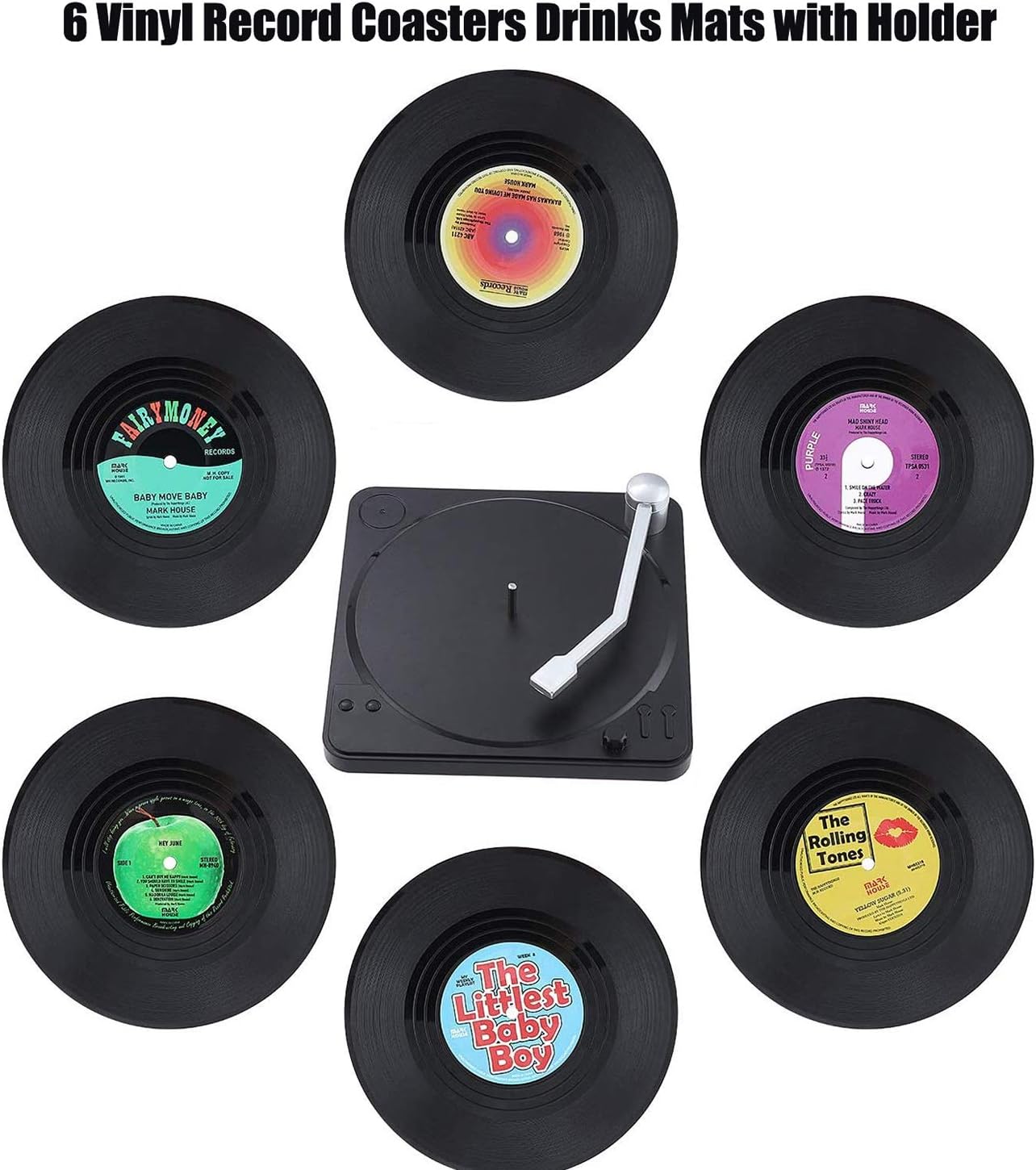 Litensh 6pcs Retro CD Vinyl Record Coasters with Player - Image 3