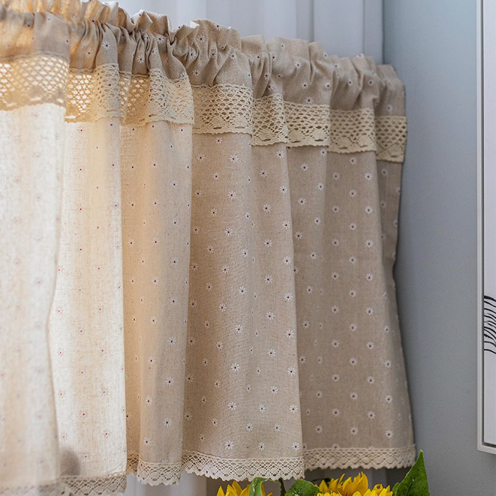 Petit rideau de fenêtre - Coton et lin - Cantonnière en dentelle florale - Style campagnard - Opaque - Pour cuisine, bistrot, café, magasin - Motif margherita