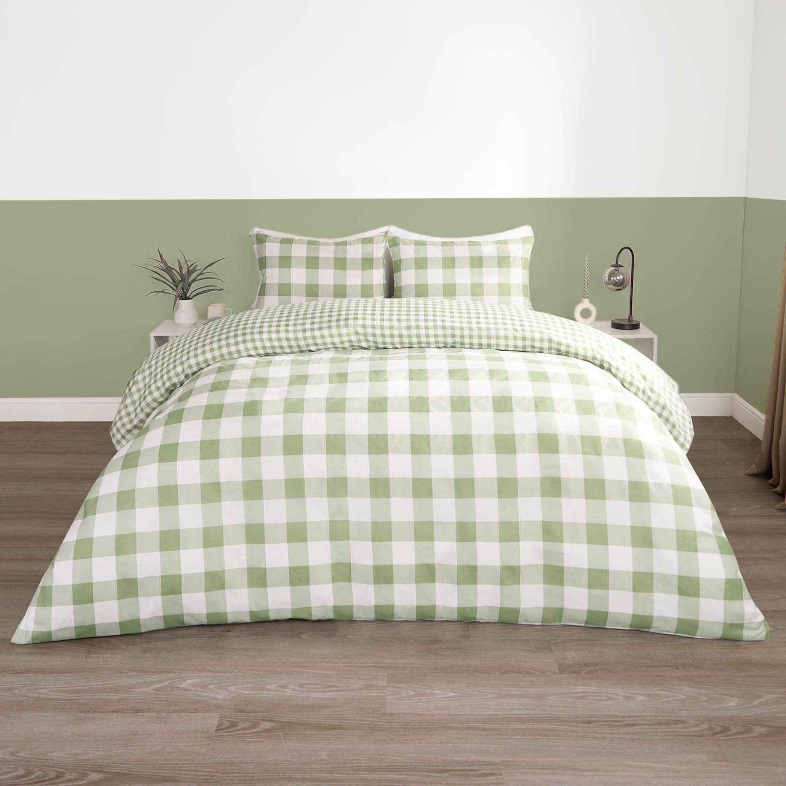 Ohs Sage Green Double Bed Gingham Check Duvet Covers With Pillowcases, Check Quilt Covers Bed Set Soft Microfibre Plaid Tartan Breathable Bedding, & White