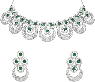 Cubic Zirconia Silver-Tone Crystal Pendant Necklace Jewelry Set For Women Wedding Bridal Brides Bridesmaid Party Prom (AD0035ZG)