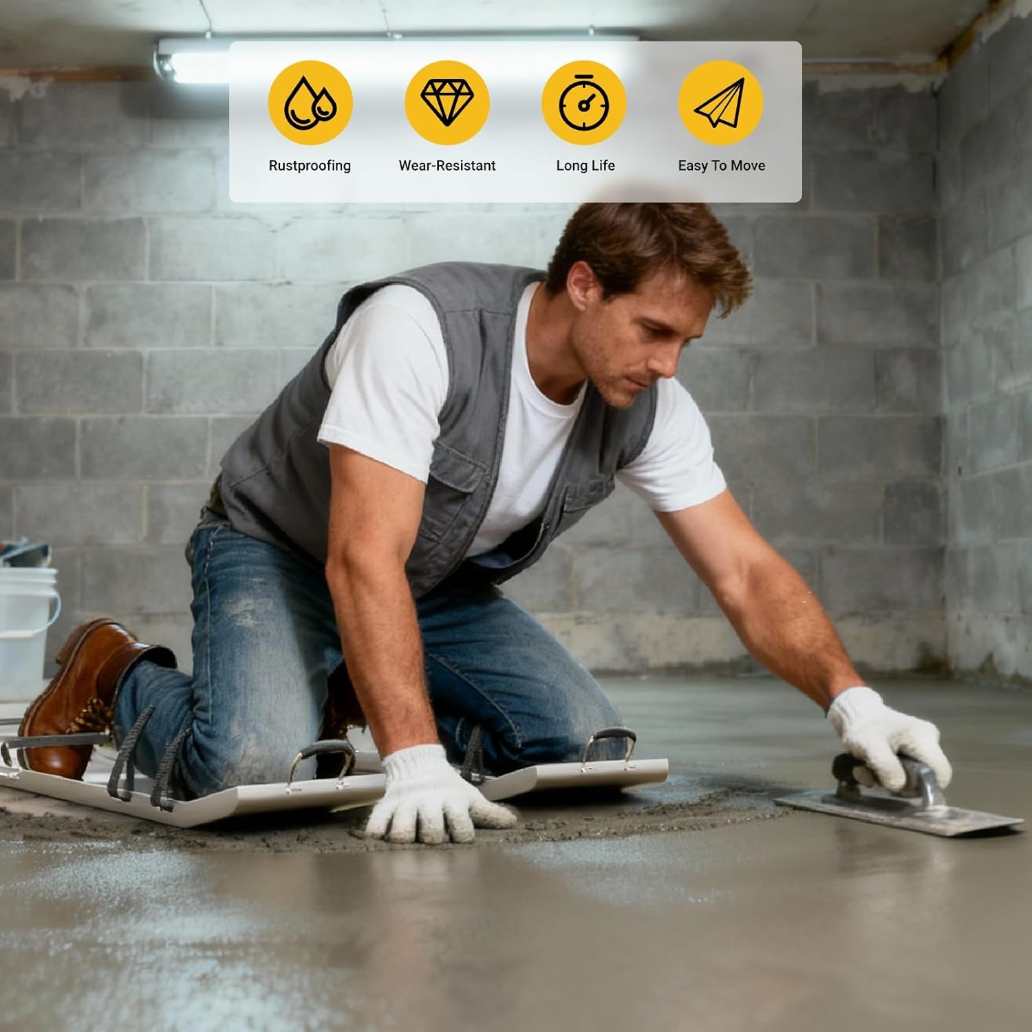 1 Pair-Concrete Knee Board Sliders, Stainless Steel Knee Pads for Men Construction, Concrete Finishing Tools Trowel with Adjustable Strap/Moving Foam Sliders for Outdoor, Indoor