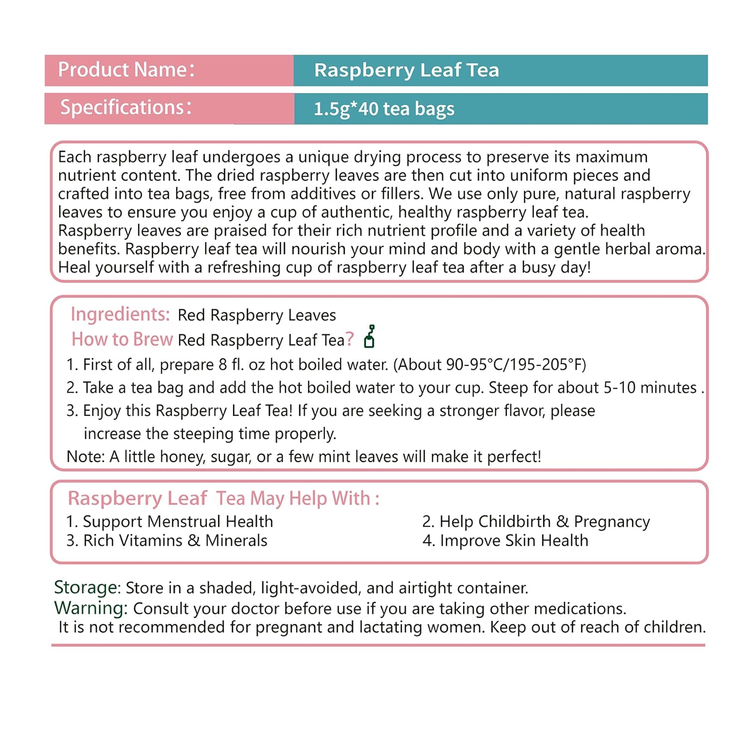 Samcci - Raspberry Leaf Tea Bag, 40 Teabags - Natural Pregnancy Tea - Pure Red Raspberry Leaf Herbal Tea - Help Childbirth & Support Menstrual - Non-GMO - Caffeine-free - Image 6