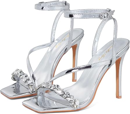 Elisabet Tang Womens Crystal Stilettos Heeled Sandals, 4 Inch Square Open Toe Strappy Sexy High Heels Ankle Strap Buckle Heels for Party Wedding Dress Daily Wear Shoes