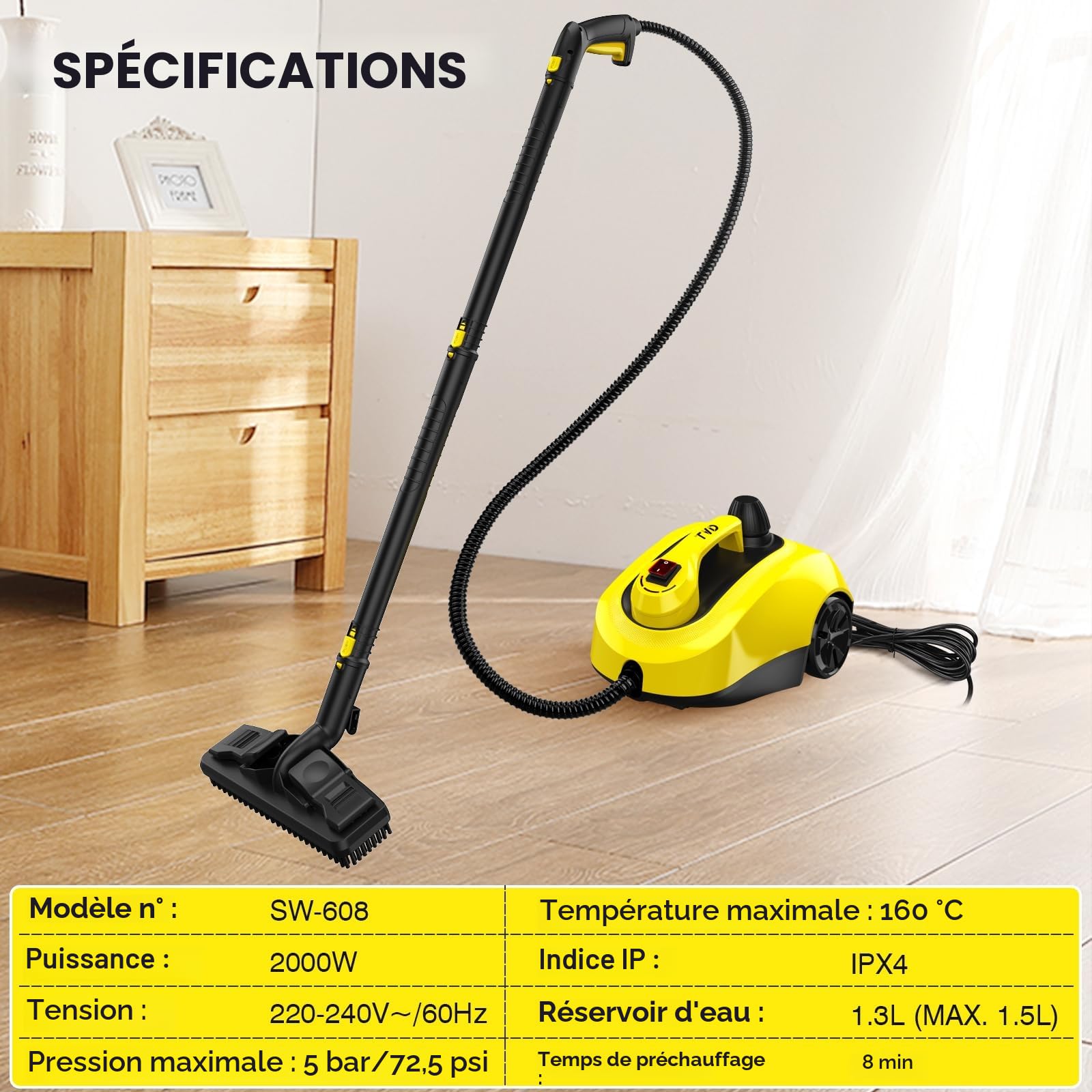 TVD Nettoyeur vapeur pour meubles rembourrés avec câble d'alimentation extra long de 5 m pour vapeur, four, tapis, canapé, coussin, punaises de lit