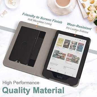Stand Case for Kobo Clara BW/Colour 6 Inch 2024 Release, Premium PU Leather Sleeve Cover with Card Slot, Hand Strap and Atuo Sleep/Wake, Fabric Black