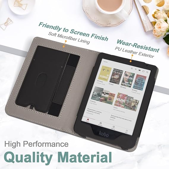 Stand Case for Kobo Clara BW/Colour 6 Inch 2024 Release, Premium PU Leather Sleeve Cover with Card Slot, Hand Strap and Atuo Sleep/Wake, Fabric Black