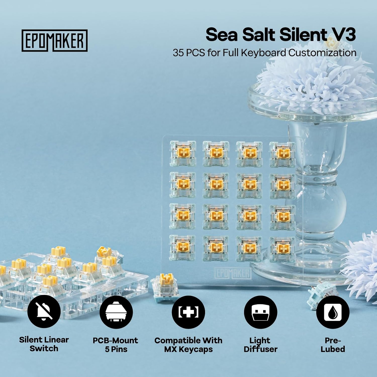 EPOMAKER Silent Mechanical Keyboard Switches Set - 35 Pieces Factory Pre-Lubed, 5-Pin Linear/Tactile Switches for Custom Mechanical Keyboards (Sea Salt V3(Linear Silent))