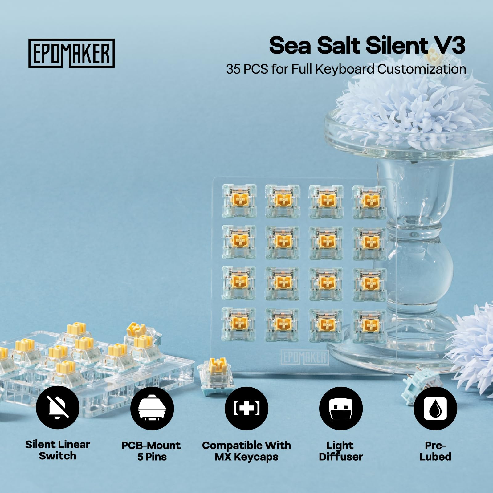 EPOMAKER Sea Salt Silent V3 Zestaw przełączników mechanicznych 45 gf, 35 szt. ciche przełączniki wstępnie nasmarowane z dyfuzorem światła, 5-pinowe przełączniki liniowe do klawiatury mechanicznej