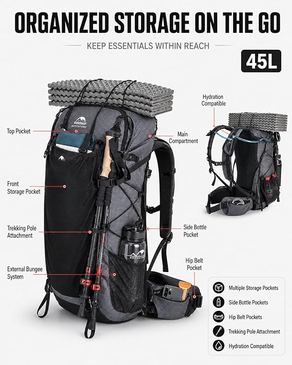 Naturehike Rock 45L Internal Frame Hiking Backpack with Rain Cover, Black