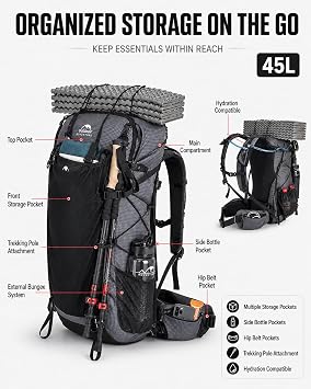 Naturehike Rock 45L Internal Frame Hiking Backpack with Rain Cover, Black