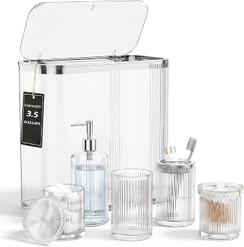 Clear Bathroom Accessories Set, 3.5 Gal Trash Can with Lid, Glass Bathroom Set Include Soap Dispenser, Toothbrush Holder, Tumbler, Qtip Holders, Cute Bathroom Sink Set, Vintage Bathroom Decor