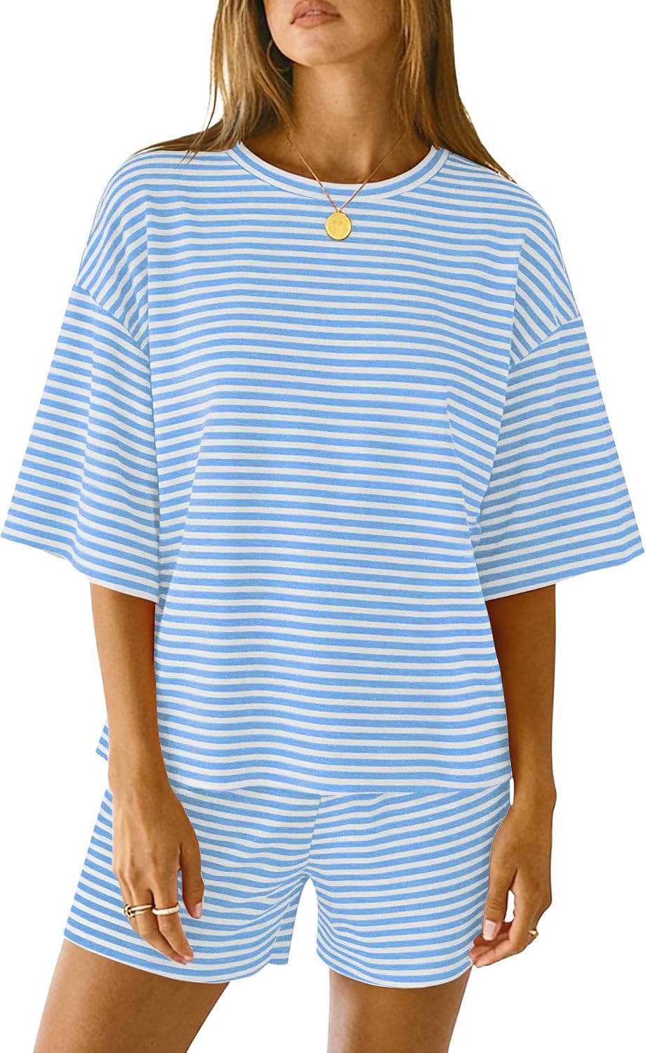 LOMON Two Piece Sets for Women Summer 3/4 Sleeve Tops and Elastic Waist Shorts Pajamas Cute Comfy Soft Lounge Striped Pjs