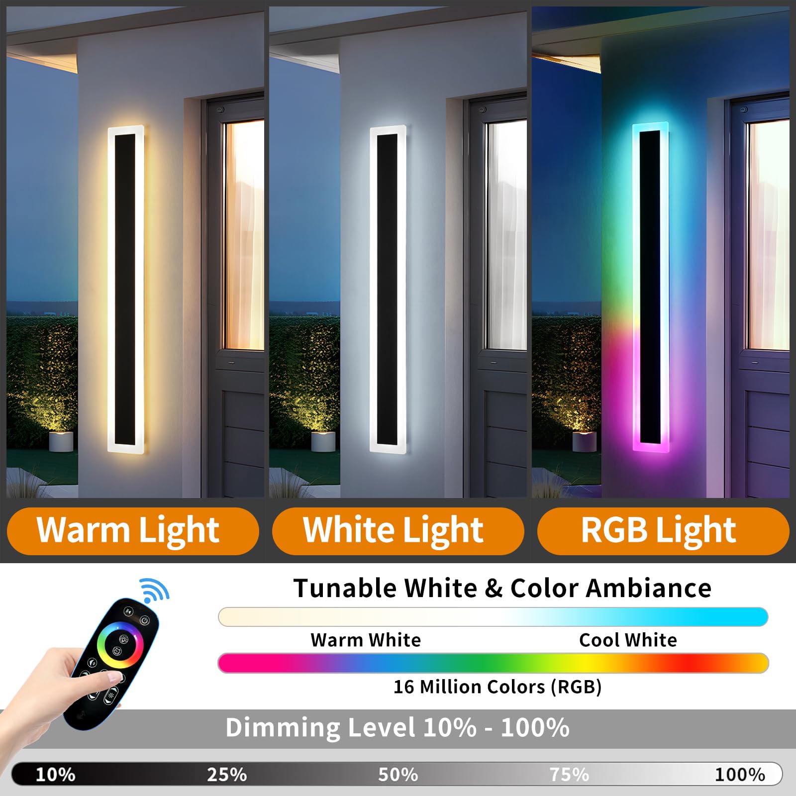 Mikeru Upgraded Widened RGB Long LED Wall Lights, 2Pack 47.2inch Outdoor Sconces RGB/Warm/White Dimmable Outdoor Wall Lights Exterior Front Porch Light Ip65 Waterproof Wall Sconce with Remote Control