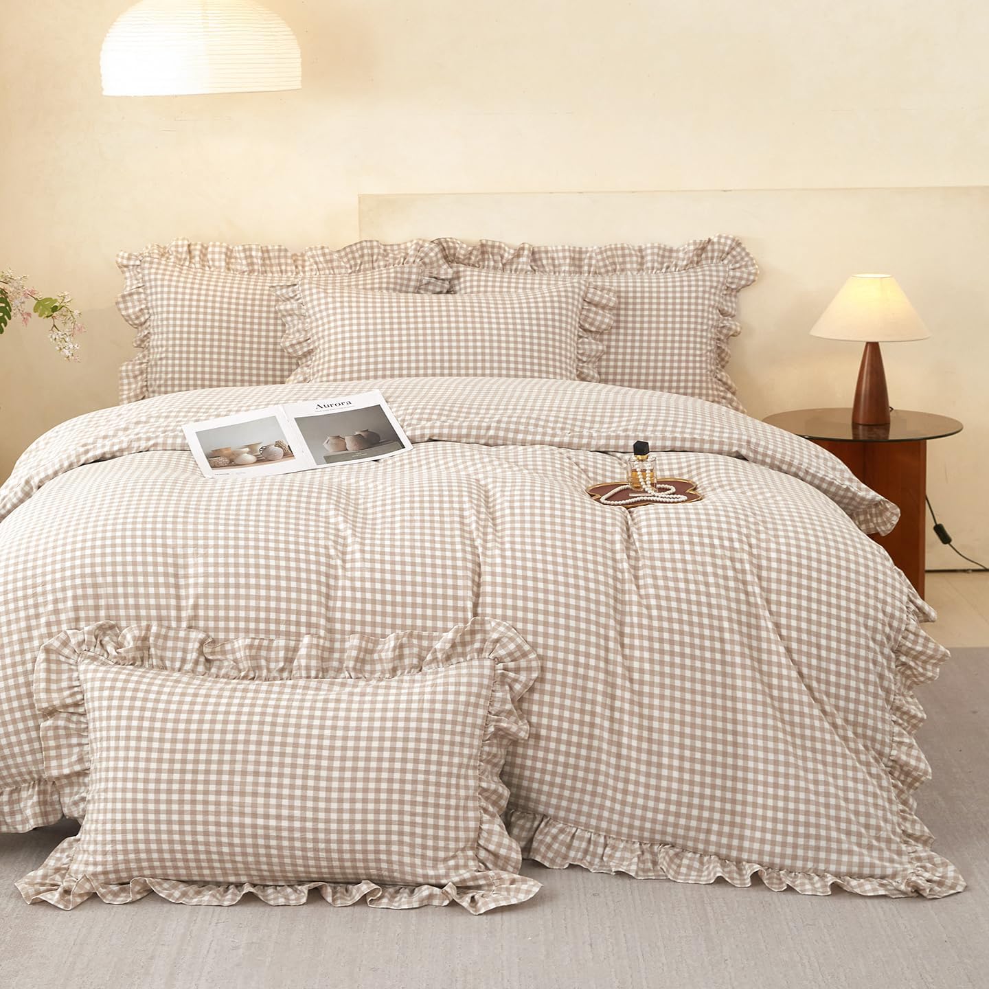 MOOWOO Gingham Ruffle Duvet Cover King Size, Tan Bedding, Farmhouse French Country Style for Bed Decor, 3PCS - Duvet Cover 104x90 Inch and 2 Pillowcases, Vintage Shabby Chic Plaid Checkered