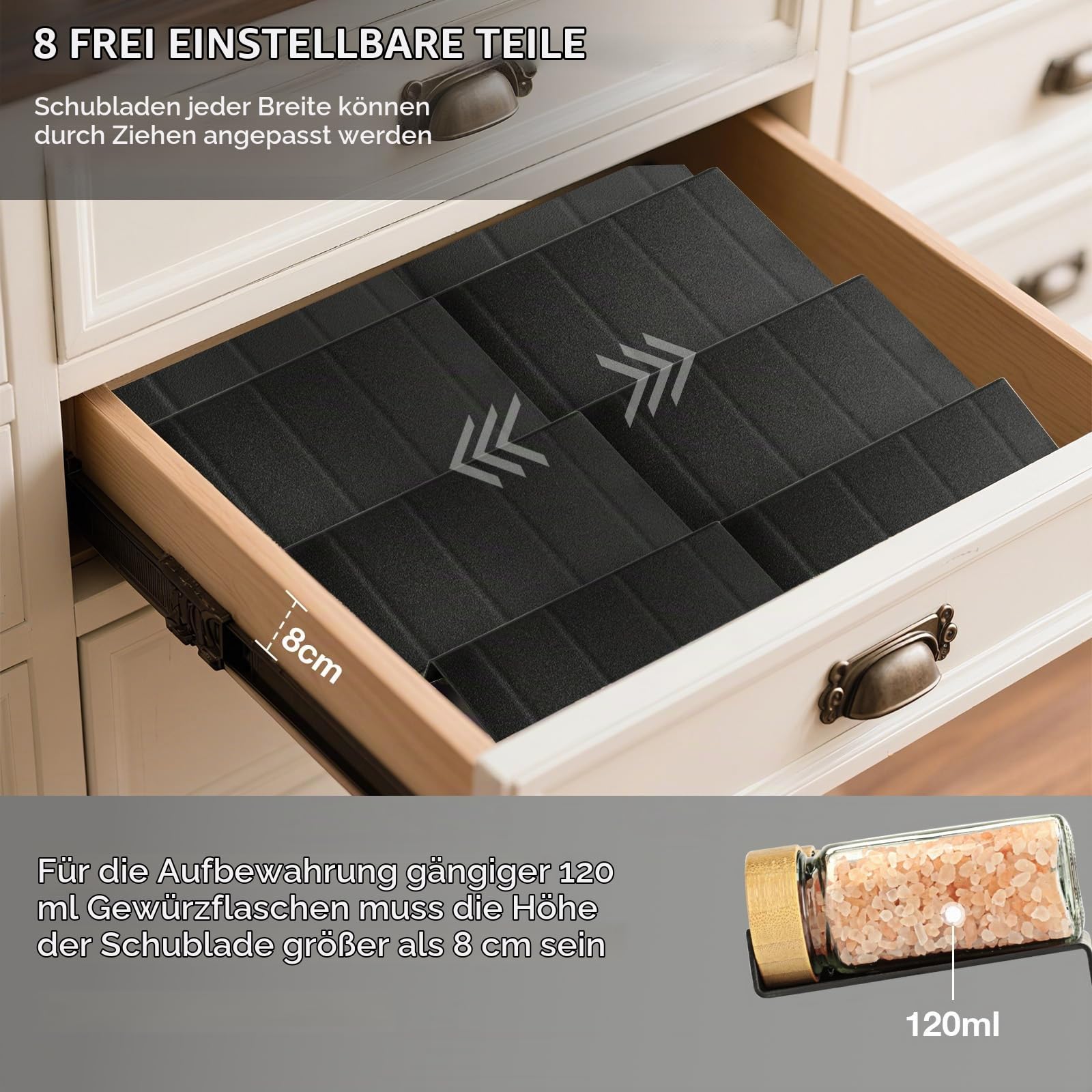 VINATO Gewürzregal Schublade Organizer Schwarz 8Pcs, Gewürzschublade Einsätze, Küchen Schubladen Organizer mit hohe Belastbarkeit Multifunktionaler für Gewürzgläser, Gewürzaufbewahrung Küche, Haushalt & Wohnen