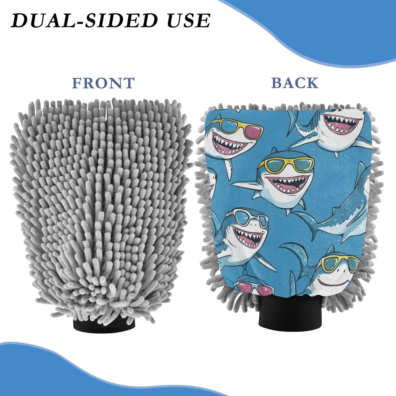 STAYTOP Cute Shark Wearing Glasses Car Wash Mitt Microfiber, 2Pcs Scratch Free Lint-Free, Premium Chenille Microfiber Mitt Car Wash Brush-L