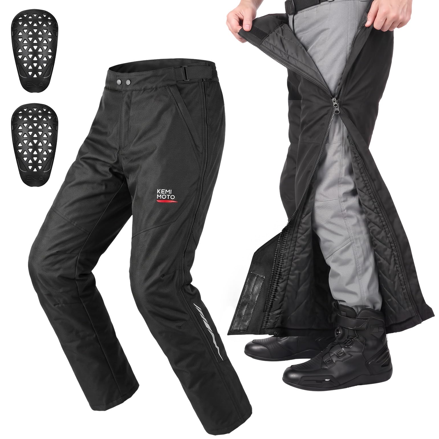 KEMIMOTO Pantaloni Moto Invernali Uomo con Protezioni CE, Pantaloni da Motocicletta Antivento Termici con Zip SBS Bidirezionale e Design Riflettente, Adatti da -20°C a 10°C