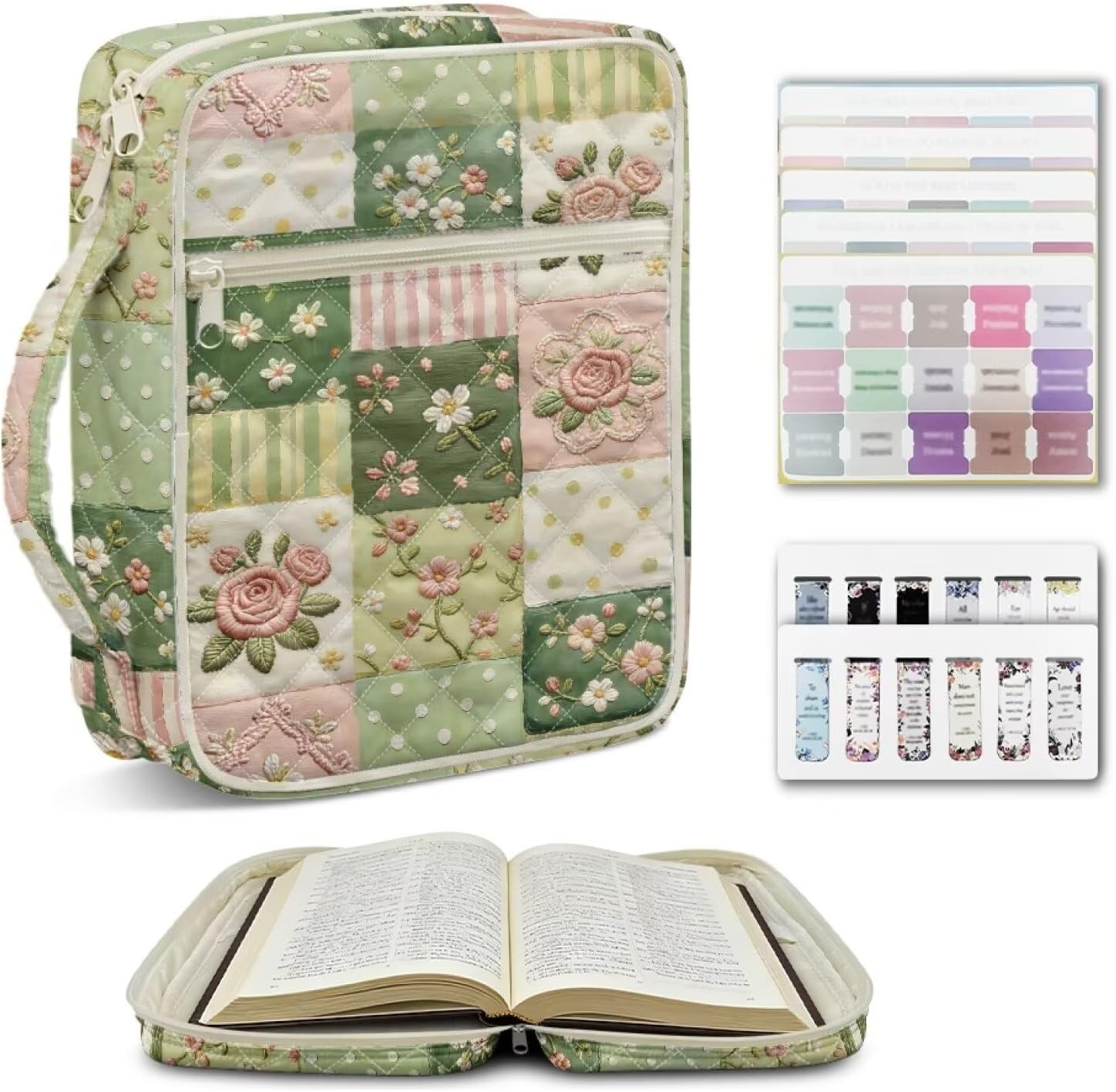 Bible Cover Case for Women Pink Green Floral Bible Study Supplies with Tabs, Large Bible Bag Quilted with Zipper Handle, Bible Covers for Church Study Travel Gift