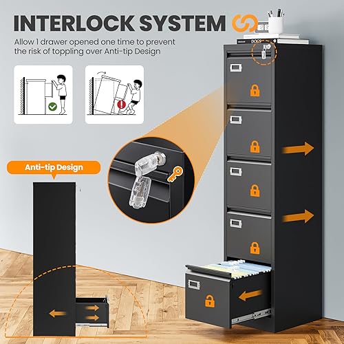 Vista 117 de Archivador de 3 cajones, archivador móvil totalmente ensamblado con cerradura para oficina en casa, caninete de metal con ruedas, cabina de tres