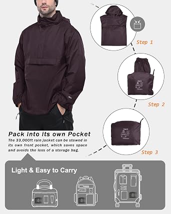 33,000ft Men's Waterproof Rain Jacket Packable Reflective Hooded Raincoat