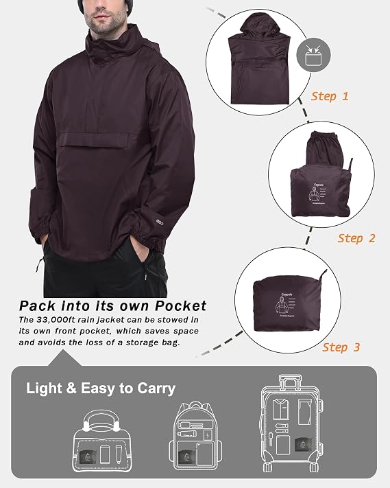 33,000ft Men's Waterproof Rain Jacket Packable Reflective Hooded Raincoat