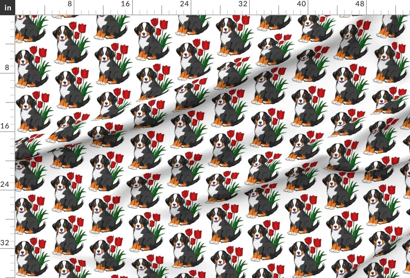 Spoonflower Fabric - Bernese Puppy Tulips Mountain Dog Red White Printed on Upholstery Velvet Fabric Fat Quarter - Upholstery Home Decor Bottomweight Apparel
