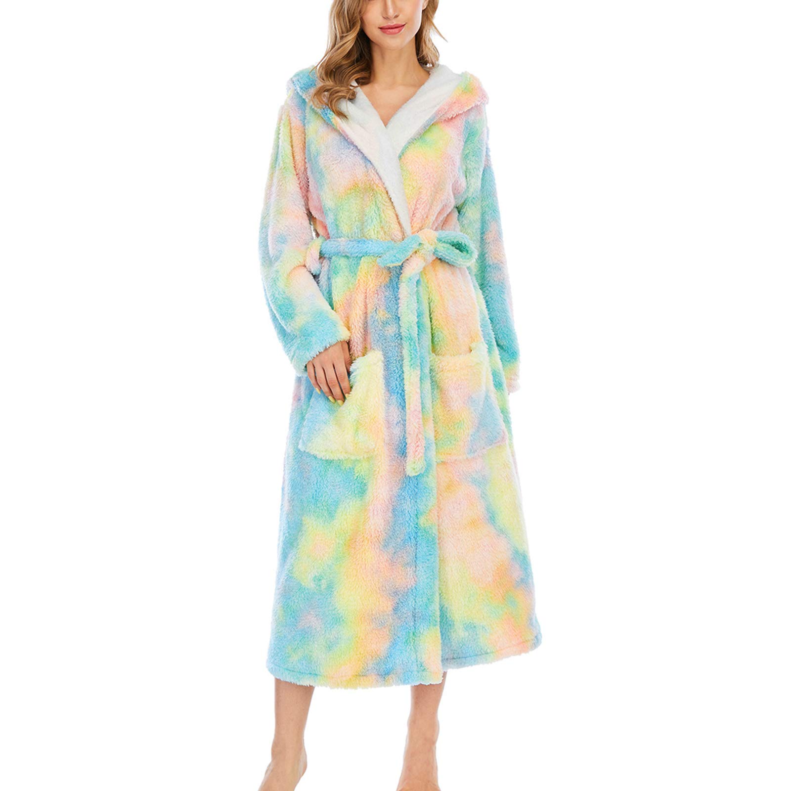 Peignoir pyjama femme en velours corail robe de nuit tie-dye vert 1XL avec capuche chaude
