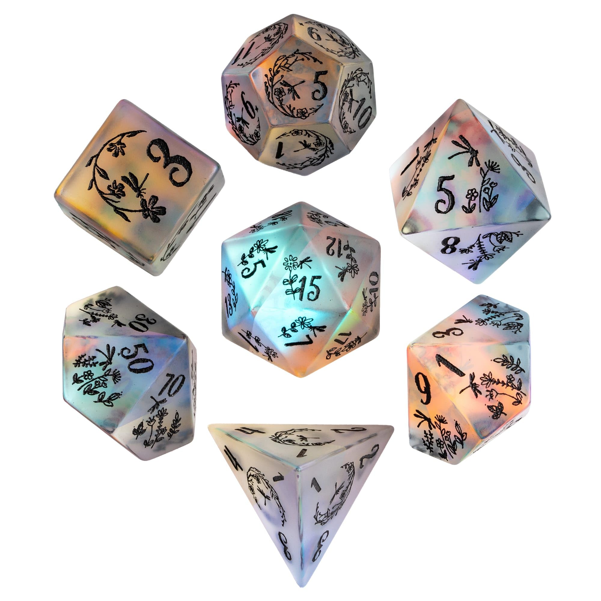 UDIXI Frosted Prism Glass Dice Set D&D RPG Dice Set with Leather Gift Box for Role Playing Games(Dragonfly and Flower) — image 1