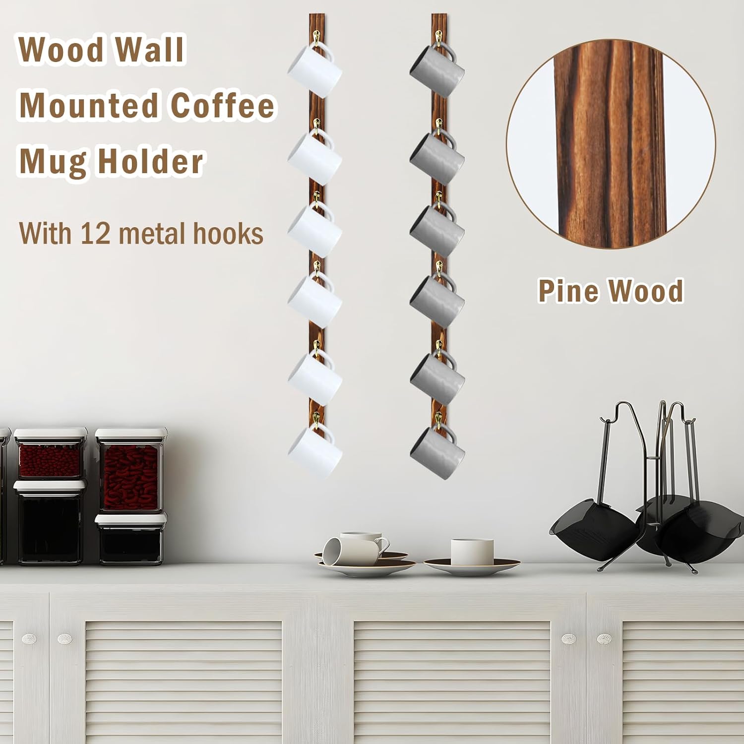 2 Pack Coffee Mug Wall Rack with 12 Hooks Burnt Wood Wall Mounted Coffee Mug Holder Brown Coffee Cup Organizer Coffee Mug Shelf Hanger Espresso Cup Hanging Rack Tea Cup Display Stand for Bar