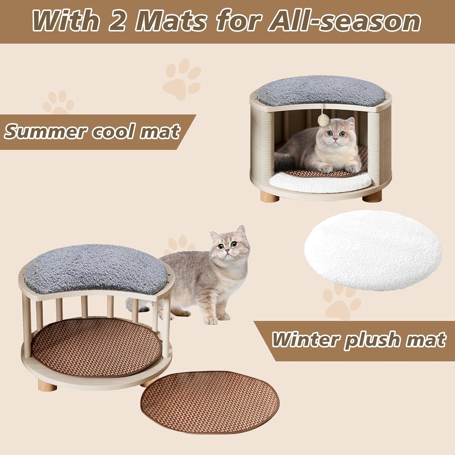 review Cat House for Indoor Cats, Wood Cat Condo Stool with 2 Mats, 3in1 Pet Bed House Ottoman with Hanging Toy Ball, Cat Cave Bed & Furniture for Small & Medium Cats, Blue