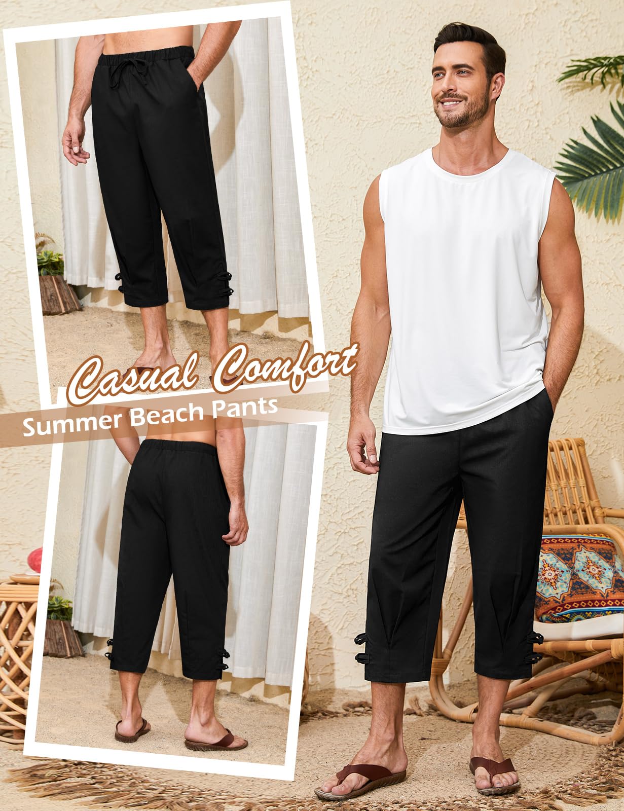 Short 3/4 en Lin pour Homme Pantacourt été Baggy être en Jachère Short de Plage Cordon élastique à la Taille Lin Homme Bermuda avec Poches