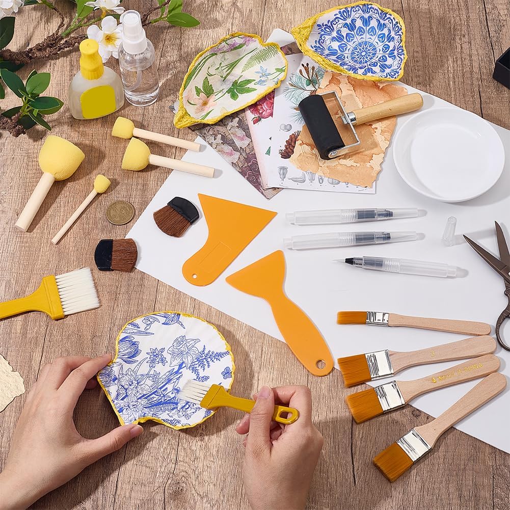 OLYCRAFT 21Pcs Essential Decoupage Tool Set with Plastic Table Sheet Water Brush Pens Paint Palette Spray Bottle Brushes Foam Brush Roller Scraper for DIY Art Craft Decoupage Projects