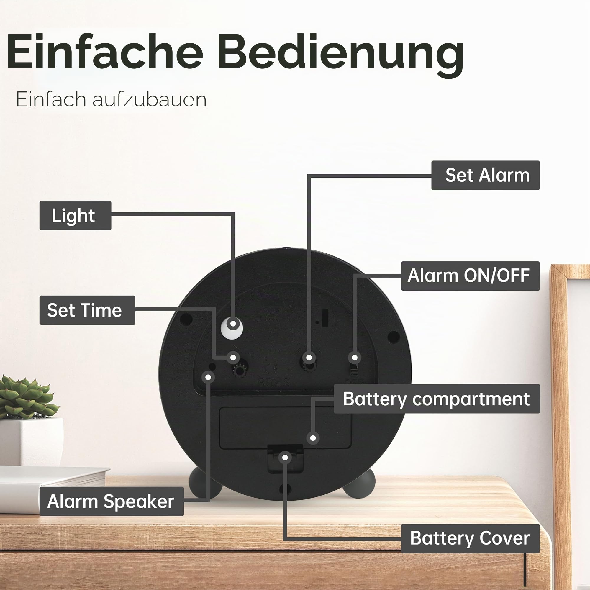 4 Zoll Analogwecker, super leise kein ticken, kleine Nachttischlampenuhr batteriebetrieben, einfaches Design, für Nachtbett, Büro, Schwarz