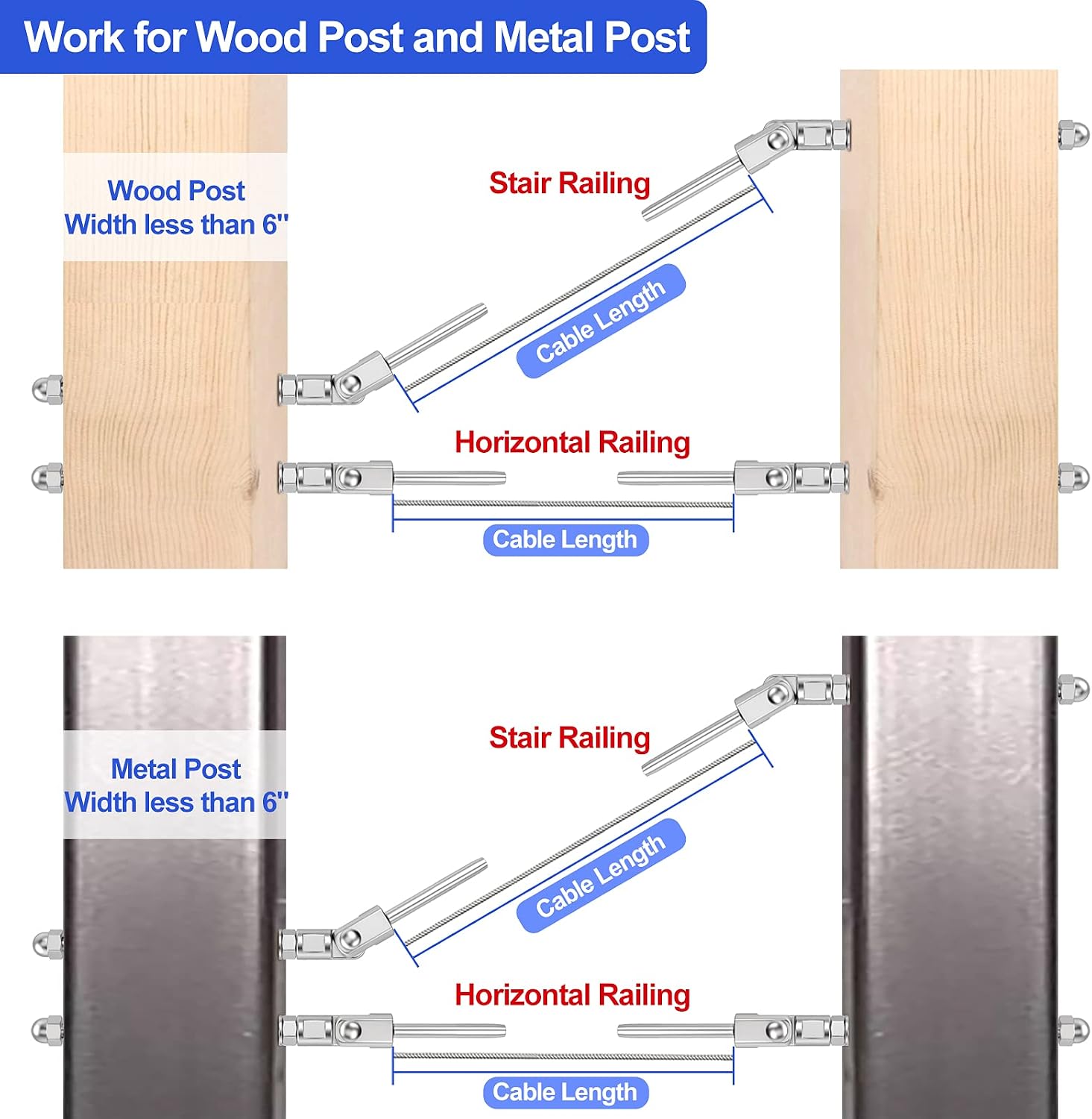 [Patent]CKE 20 Pack T316 Stainless Steel 180° Adjustable Angle Cable Railing Swage Threaded Stud Tension End Fitting Terminal for 1/8" Wire Rope Cable Railing Kit Hardware for 2x2, 4x4, 6x6 Wood Post