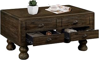 LKTART Solid Wood Coffee Table with Storage Drawers, Vintage Rectangular Coffee Tables for Living Room, Distressed Espresso Center Table with Rivet Decoration Legs, 40 inch
