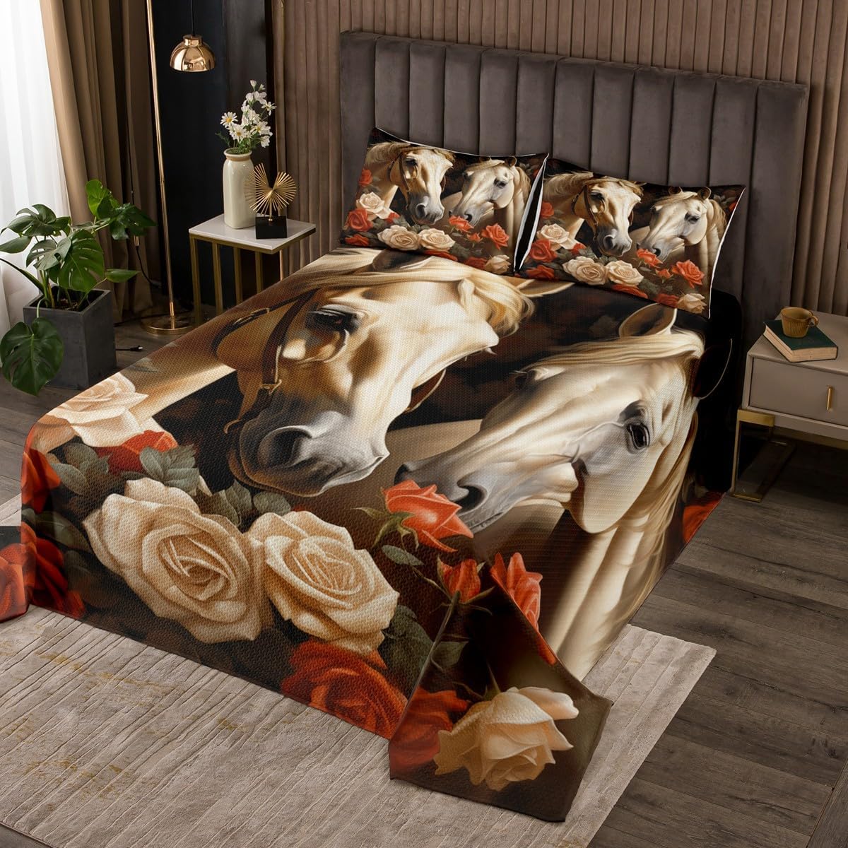 Erosebridal White Horse Quilt Set Red Rose Flowers Bedspread Set Queen,Farm Animals Coverlet Set Western Farmhouse Decor Quilted,Kawaii Room Decor