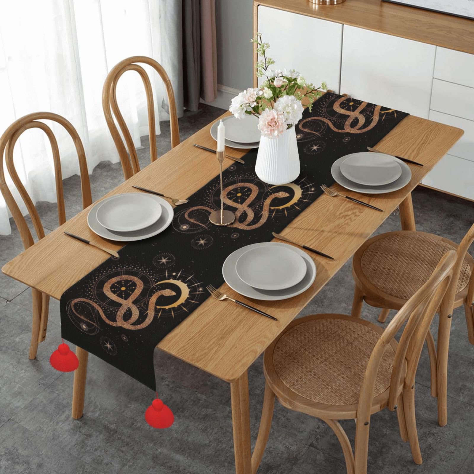 Chemin de table serpent sacré doré antidérapant avec pompon pour déco de Noël 35x152 cm