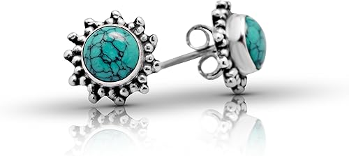 Pendientes de tuerca de plata de ley sintética turquesa, Plata de ley Turquesa, turquesa artificial