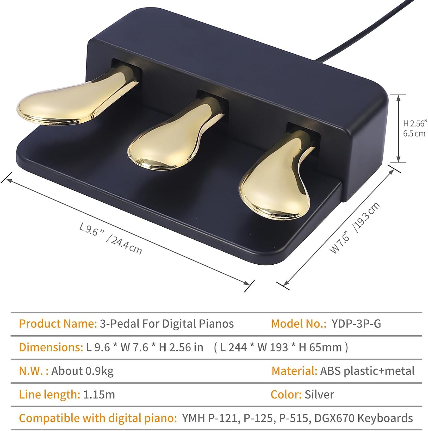 Portable 3-Pedal Board unit for Electric pianos keyboards, Soft & Sostenuto & Sustain pedal, 3-Pedal Compatible With Yamaha P125 P121 P515 DGX670 Digital pianos keyboards (Black + Gold)