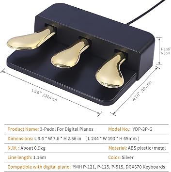 Portable 3-Pedal Board unit for Electric pianos keyboards, Soft & Sostenuto & Sustain pedal, 3-Pedal Compatible With Yamaha P125 P121 P515 DGX670 Digital pianos keyboards (Black + Gold)