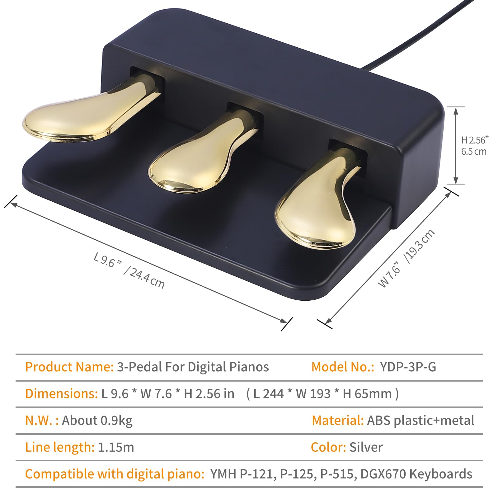 Unidad portátil de 3 pedales para teclados de pianos eléctricos, pedal Soft & Sostenuto y Sustain, 3 pedales compatible con teclados de pianos digitales Yamaha P125 P121 P515 DGX670 (negro +