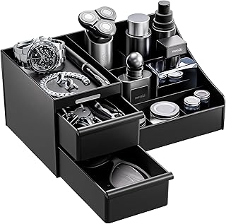 Large Cologne Organizer for Men, Bathroom Counter Cologne Stand With Drawers for Deodorant, Beard, Shaving Lotion, Perfume Stand, Vanity Organizer for Bathroom&Bedroom Storage (Black)