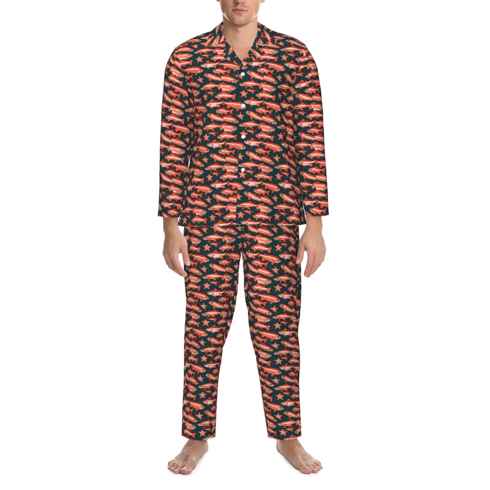 Herren-Pyjama-Set, langärmelig, Lachsdruck, zweiteilig, bequem, Nachtwäsche