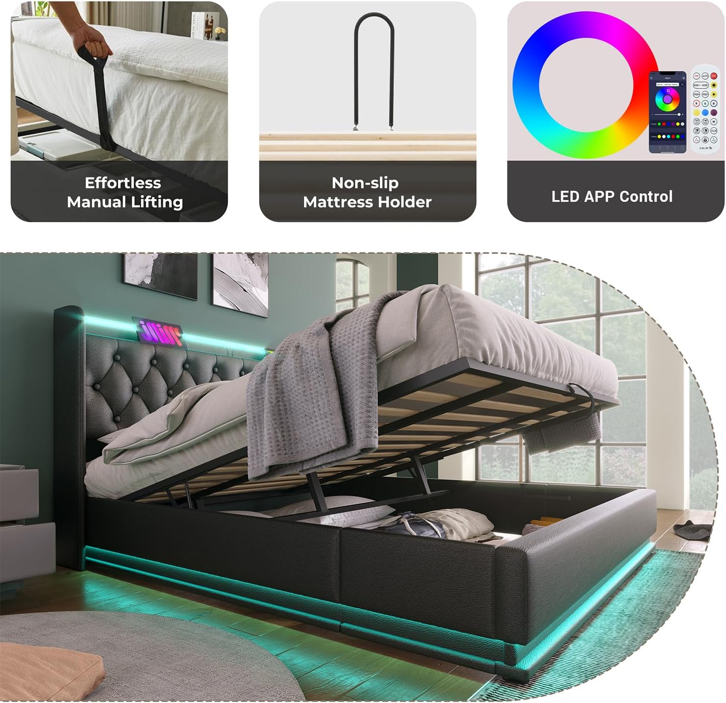 King Size Lift up Storage Platform Bed with 360 Degree Surround LED Light, Bedroom Upholstered Hydraulic Smart Bed Frame, No Noise, No Spring Mattress Required, Easy to Assemble (Black, King)