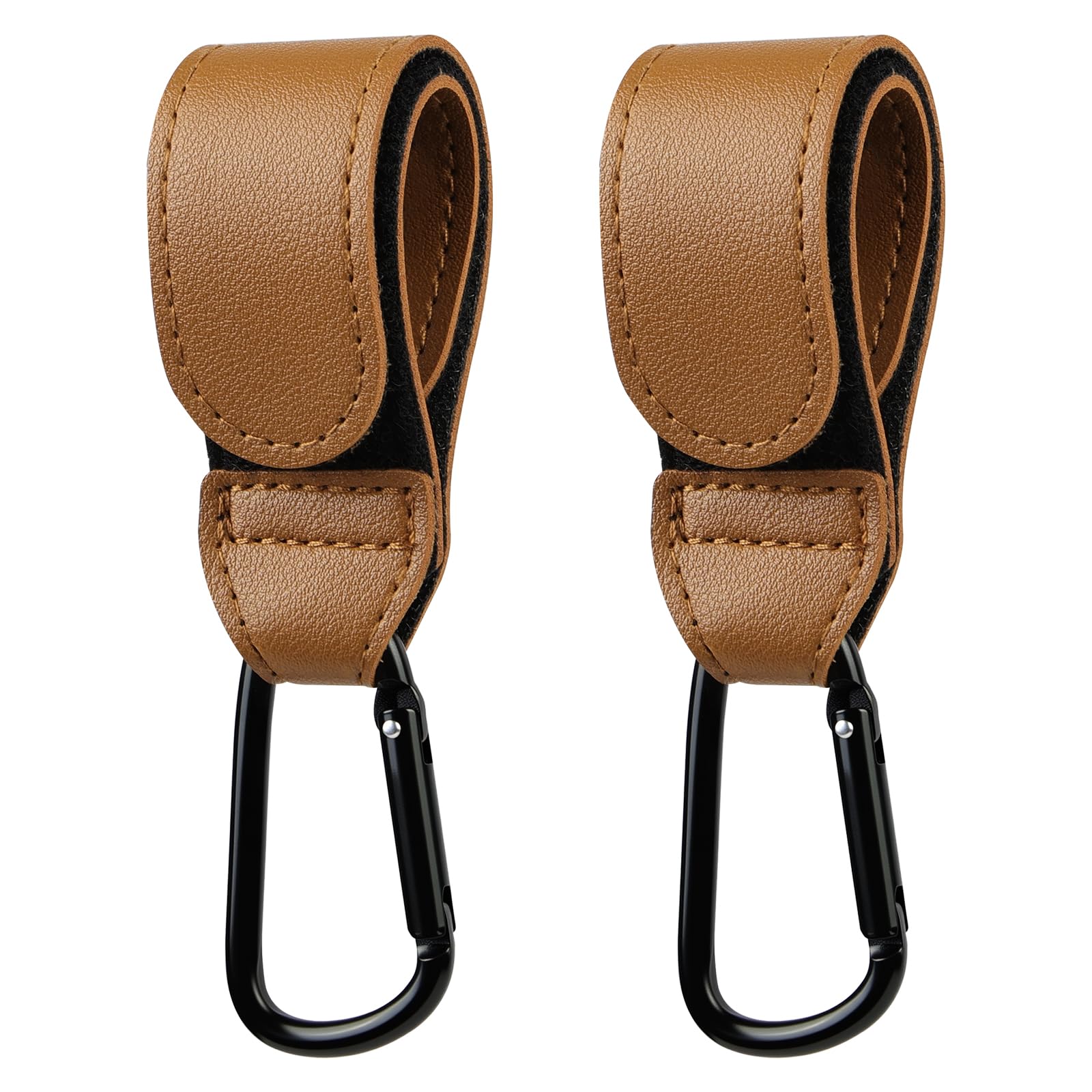 URAQT Kinderwagen Haken, 2 Stk Universelle Anhänger für Kinderwagen Lederoptik Kinderwagen Taschenhalte Kinderwagenhaken Taschenhaken Buggy Clips Träger für Wickeltasche Taschen Einkaufstasche Braun