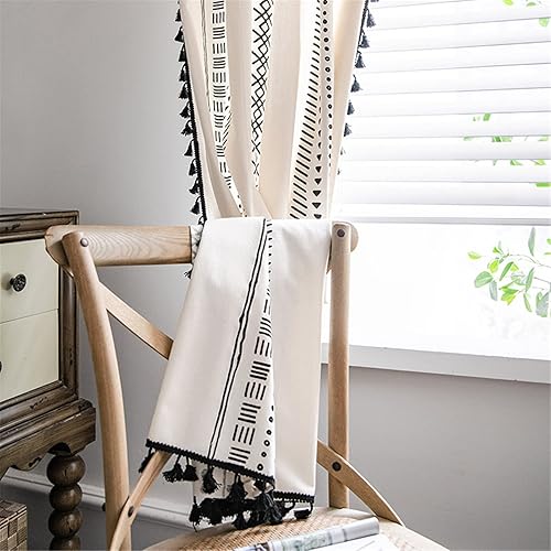 Miniatura 5 de Deeprove - Cortinas bohemias de 96 pulgadas de largo, algodón blanco crema y lino con estampado bohemio, borlas negras, panel geométrico